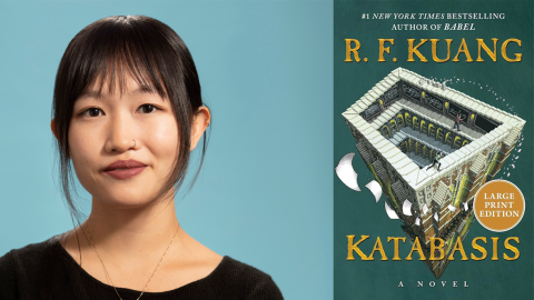 Author R.F. Kuang is shown next to the cover of "Katabasis."