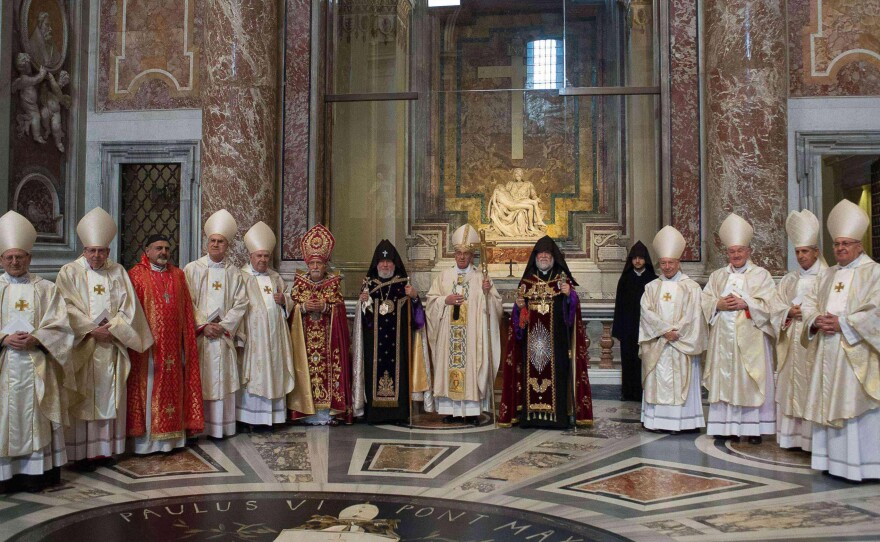 Pope Francis (center), flanked by the head of Armenia's Orthodox Church Karekin II (seventh left) and Catholicos Aram I (sixth right), celebrated an Armenian-Rite Mass in St. Peter's Basilica in April 2015. Pope Francis called the slaughter of Armenians by Ottoman Turks "the first genocide of the 20th century," sparking a diplomatic rift with Turkey.