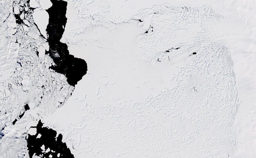 the floating portion of the Thwaites glacier in western Antarctica is breaking apart in this udated photo.