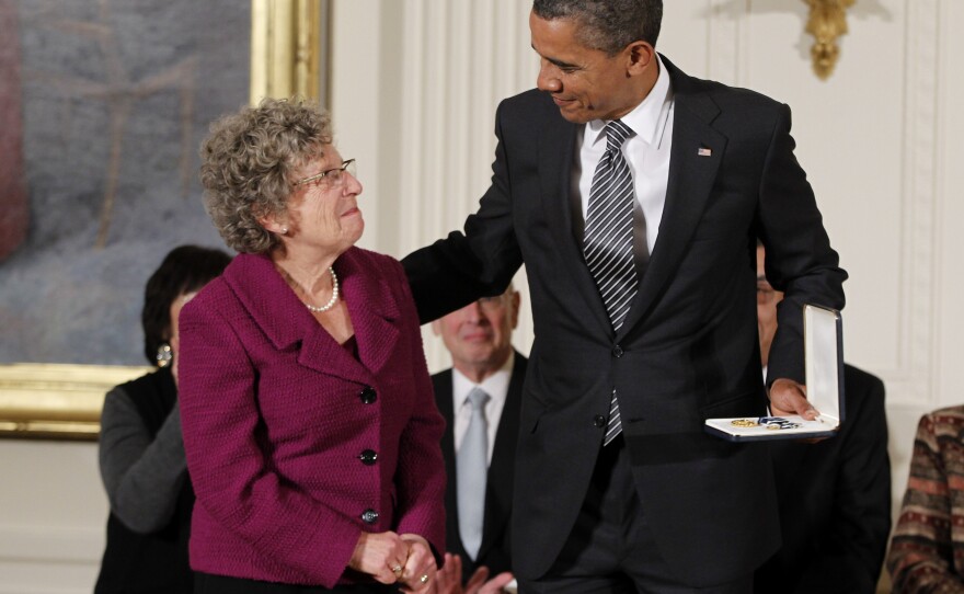President Obama awards the 2011 Presidential Citizens Medal to Judith Broder during a ceremony at the White House. Broder created The Soldiers Project which meets mental needs of servicemembers and their families.