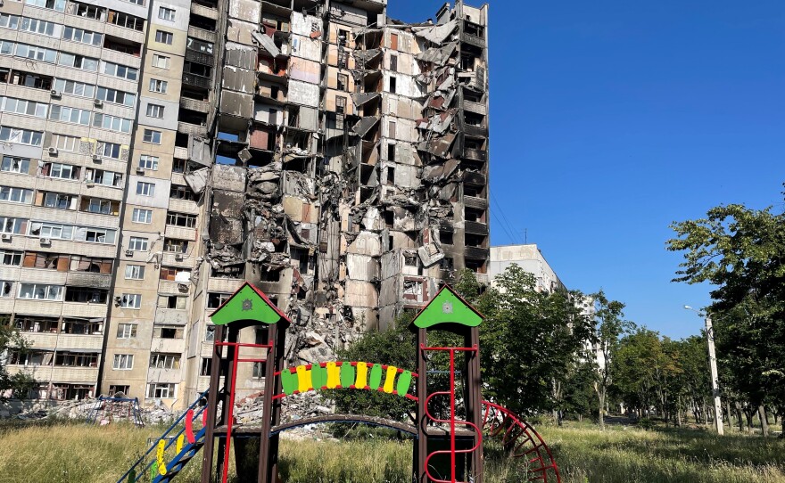 A housing complex in the Kharkiv neighborhood of Saltivka is heavily damaged from Russian attacks.