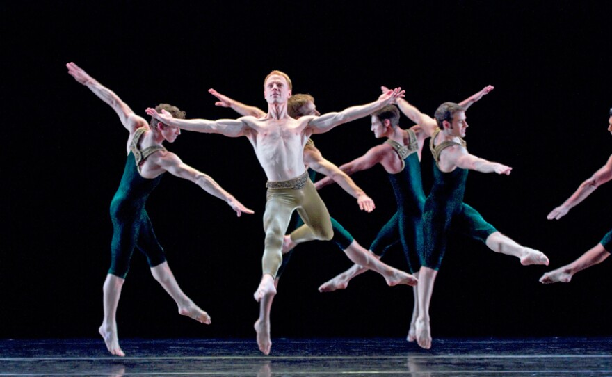 Paul Taylor Dance Company: Sean Mahoney, Michael Trusnovec, James Samson, Michael Apuzzo, Robert Kleinendorst, Jeffrey Smith (L-R) in “Brandenburgs.”