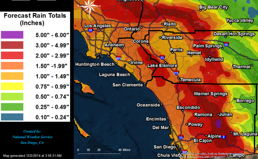 This map shows expected rainfall amounts from Tues., Dec. 2 through Thurs., Dec. 4. The heaviest rain will occur Tuesday afternoon and evening, according to the National Weather Service.