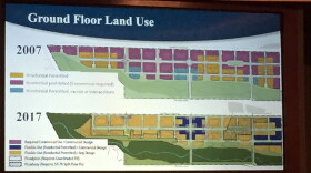 A map of the San Marcos Creek District development showing the difference between the 2007 and 2017 proposals was on exhibit at a community workshop, Sept. 19, 2017.