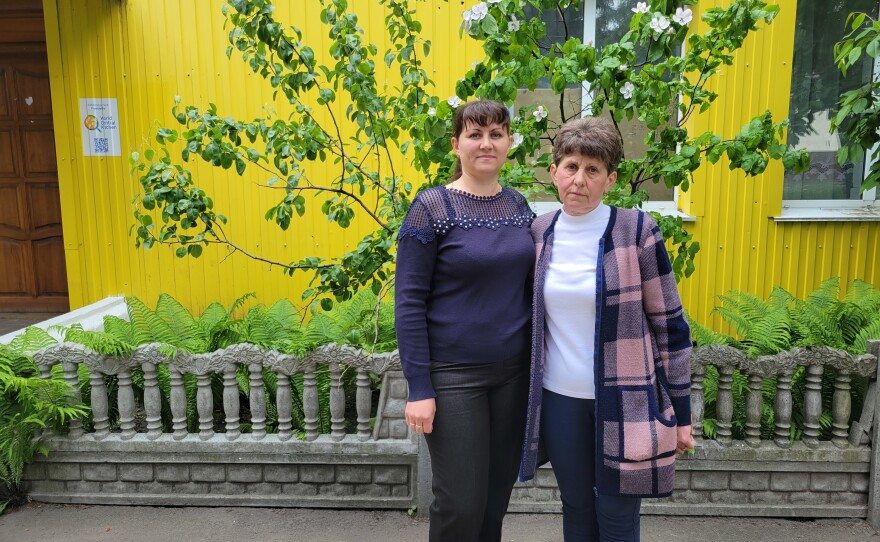 Iryna Andrusha (left) and Kateryna Andrusha, sister and mother, respectively, of Ukrainian school teacher Viktoria Andrusha, who was taken by Russian forces from the village of Novyi Bykiv in late March.