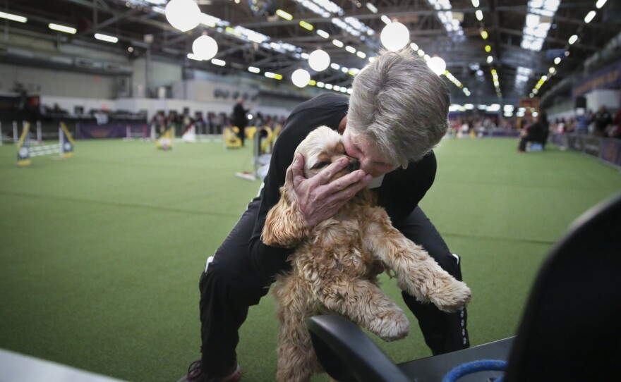 Martha Gurney hugs Dillon, a cocker spaniel, after completing the jumpers course. The dogs ran with gusto and finished with joy, no matter how well they scored.