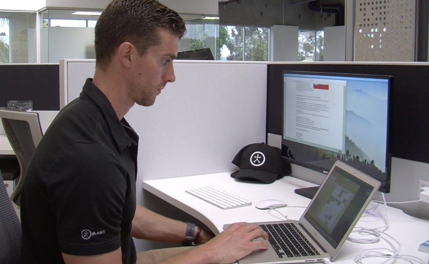 Justin Goltz, baseball channel manager at Blast Motion, works at his desk, June 1, 2016.