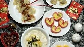 Lunar New Year meal prepared by Jessica Woo. <em>Mandus</em> (top), imitation crab <em>jeon</em> (center) and <em>tteokguk</em> (bottom).
