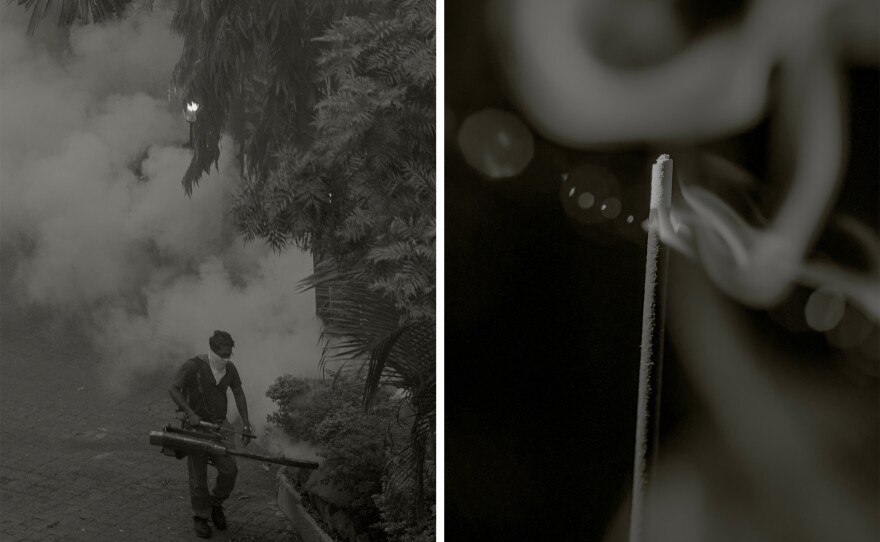 Left: A man fumigates the compound where Hirve and her family live. Right: Burning incense on Gudi Padwa, the traditional new year for Marathi and Konkani Hindus, on the first day of the lockdown, March 25.