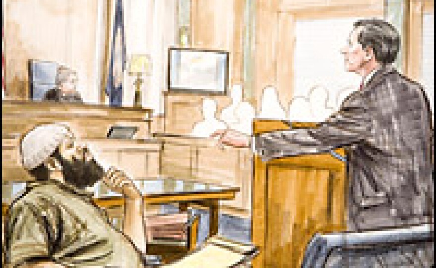 Courtroom rendering of avowed al Qaeda follower Zacarias Moussaoui (L) during opening statements of the sentencing phase of his trial on Monday.