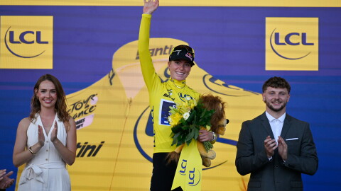 Netherlands' Demi Vollering celebrates on the podium after winning the Women's Tour de France cycling race in Nice, France, Sunday, Aug. 9, 2026.