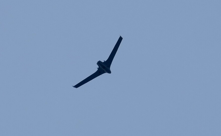 An Israeli drone flies over the southern port city of Tyre, Lebanon, Wednesday, April 15, 2026.