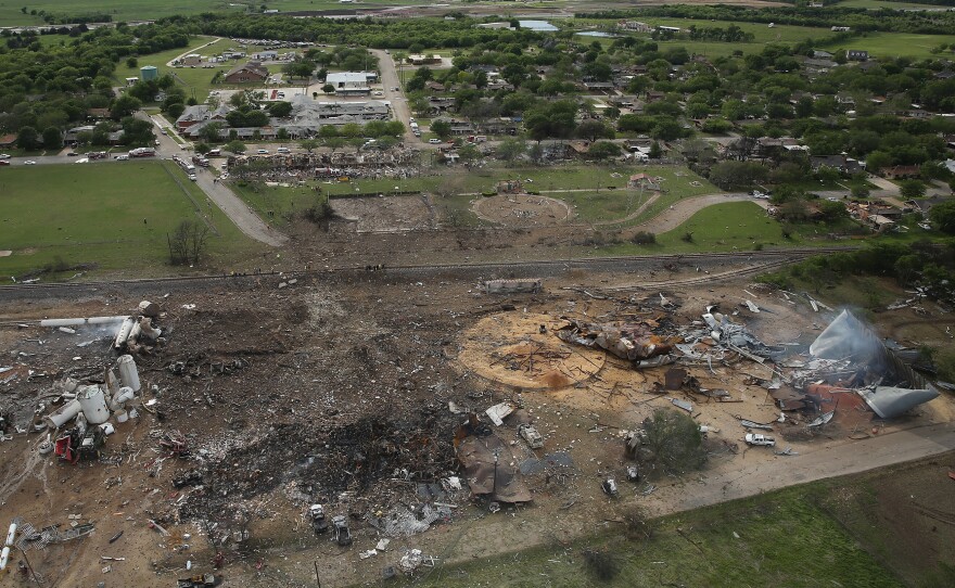 The West Fertilizer Co., shown from the air, lies in ruins after an explosion that killed 15 people, injured more than 150 and damaged houses and buildings for blocks in every direction.