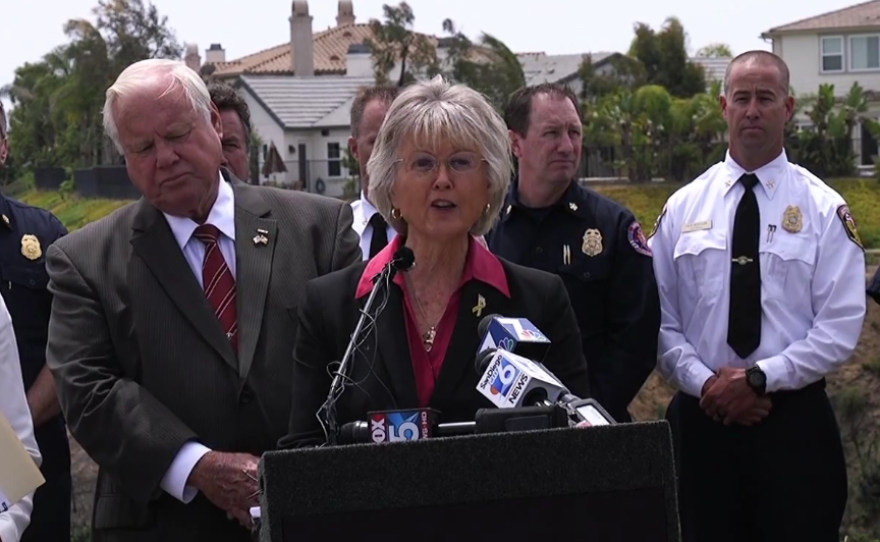 San Diego County Supervisors Bill Horn and Dianne Jacob discuss firefighting resources, one year after Cocos fire, May 13, 2015.