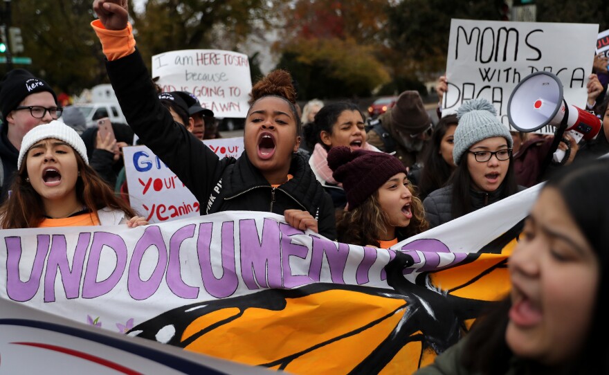 Hundreds of people gather outside the U.S. Supreme Court to rally in support of DACA.