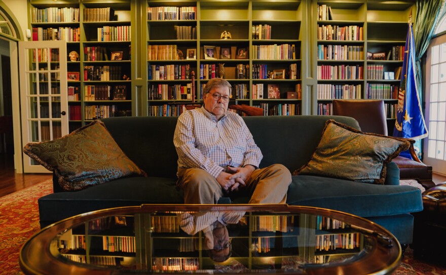 William Barr, who served as the U.S. attorney general in the administrations of Presidents George H. W. Bush and Donald Trump, spoke with NPR during an interview at his house outside of Washington, D.C., on Wednesday.