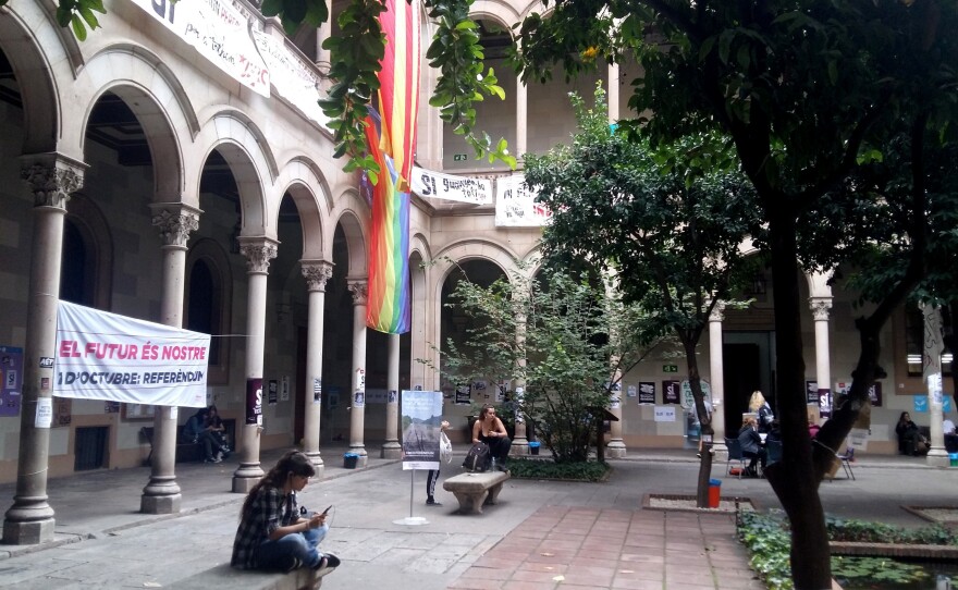 A banner hangs in the courtyard of a University of Barcelona building that reads, "The future is ours," in Catalan. Students are "occupying" the building ahead of an independence vote.