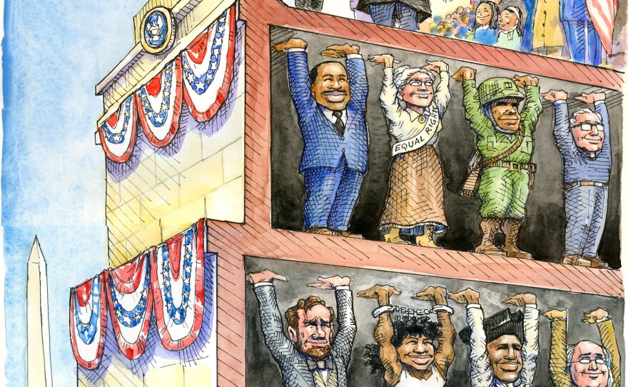 Matt Wuerker borrowed the concept of "standing on the shoulder of giants" in his cartoon for the inauguration in 2009.