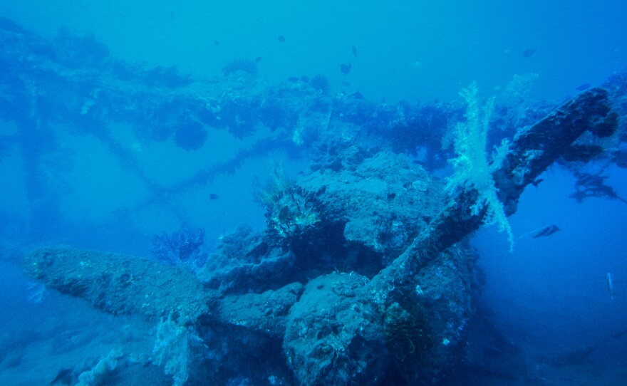 A Mitsubishi F1M outfitted for water landings was used by Japanese forces. Theories about what happened to this biplane vary. Some experts claim that it ran out of fuel and the crew swam to shore. Lloyd Woo's research suggests it was hit by Allied bombs and sank where it was moored.