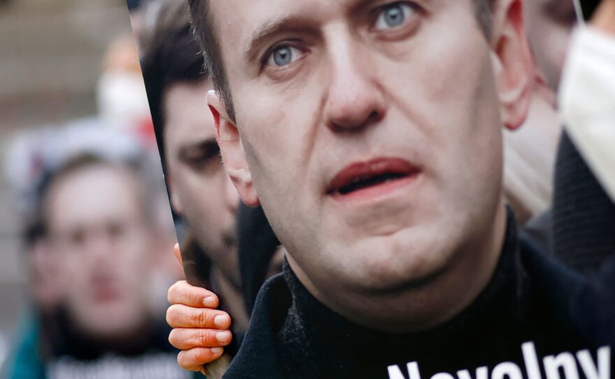 Activists from Amnesty International demonstrate outside the Russian embassy in Berlin, on Saturday, calling for the release of Kremlin critic Alexei Navalny. In Moscow on Monday, a court ordered the temporary suspension of Navalny's political network.