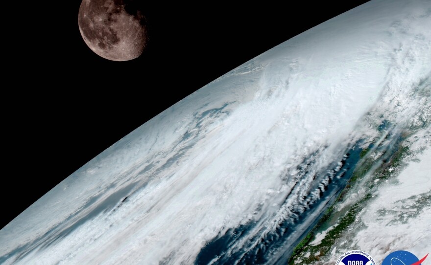 GOES-16 captured this view of the moon while looking across the surface of the Earth on Jan. 15. The satellite uses the moon to calibrate its imaging device in much the same way a photographer uses a light meter.