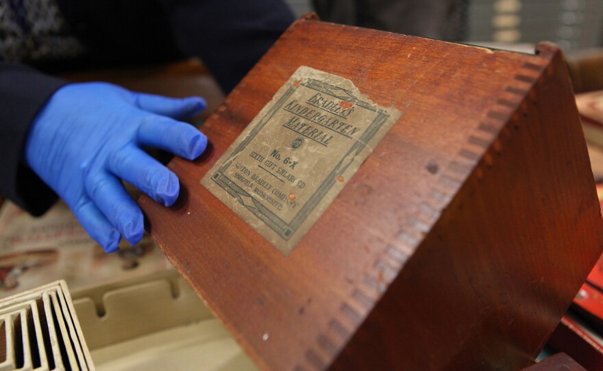 A box of blocks made by the the Milton Bradley company.