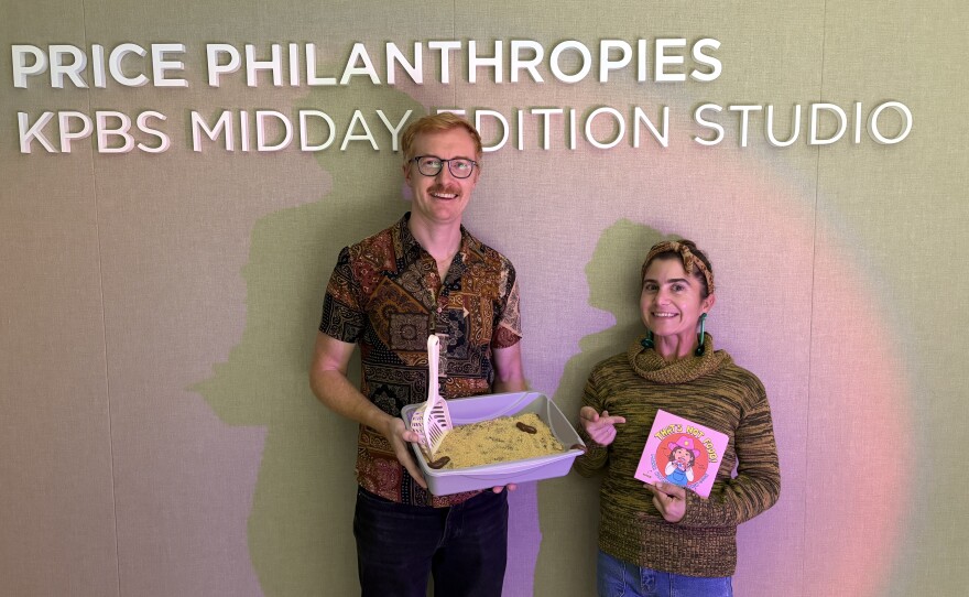 The photo shows San Diego author Mara Altman and her book "What's Not Food!" pictured alongside KPBS' Andrew Bowen on October 15, 2025.