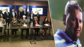 A side-by-side photo showing prosecutors, left, announcing charges against Christopher Dougherty, 46, right, in an alleged Ponzi scheme, April 26, 2019. 
