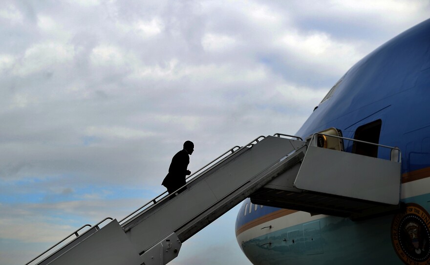 US President Barack Obama boards Air Force One at Andrews Air Force Base in Maryland on October 30, 2013. President Obama will complete two terms as president next week.