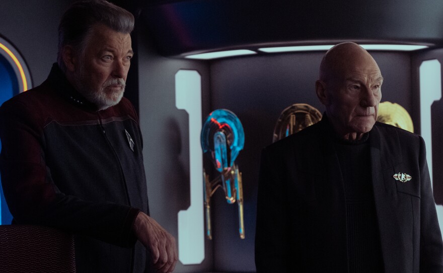 Jonathan Frakes as Riker and Patrick Stewart as Picard.