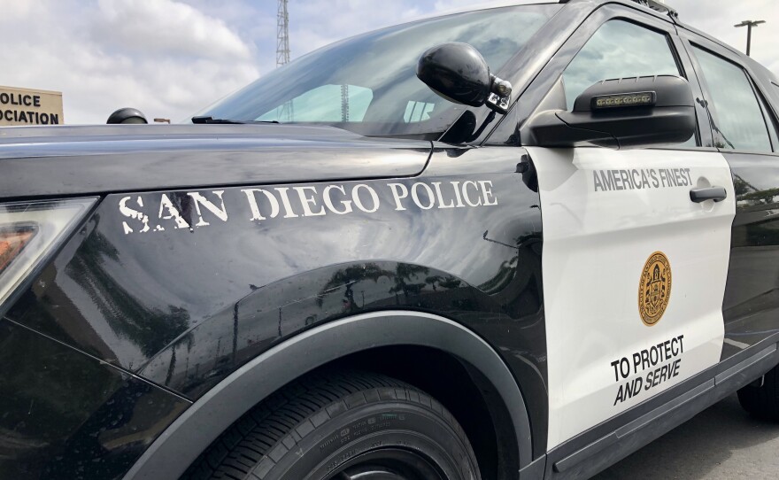 A San Diego Police car is parked in front of their union building, May 3, 2022.