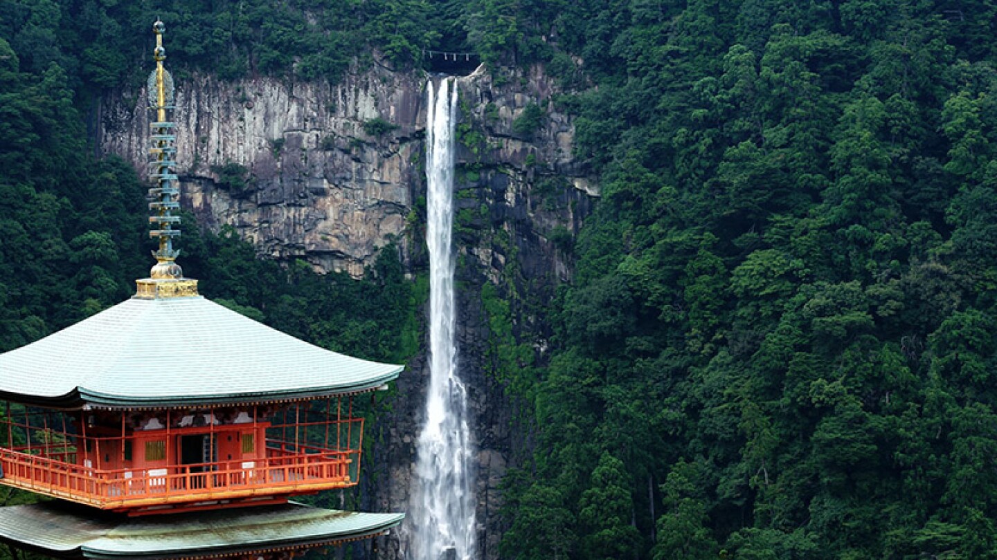 Buddhist Pagoda overlooking Nachi Waterfall, Japan.