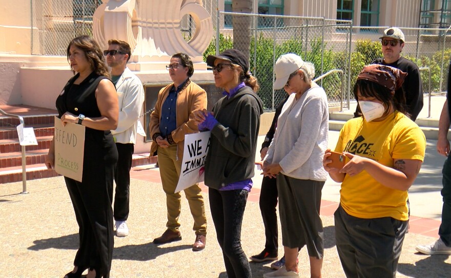 Protesters at a rally outside the San Diego County Administration Building on April 8, 2025.