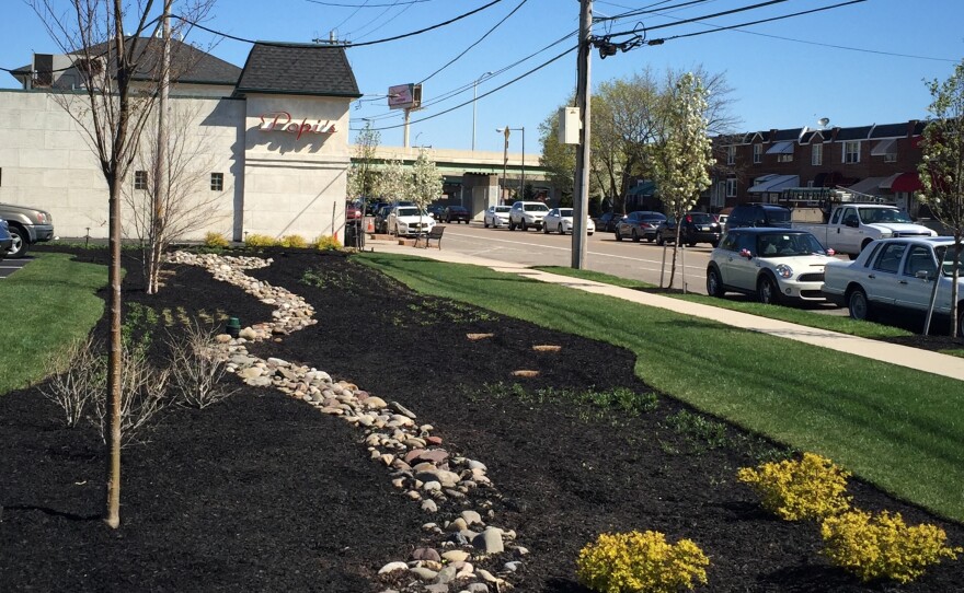 Poppi's Restaurant parking lot with the new rain garden that helps reduce runoff.
