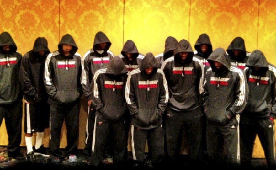 In this image posted to Miami Heat basketball player LeBron James' Twitter page, Miami Heat players wear team hoodies.