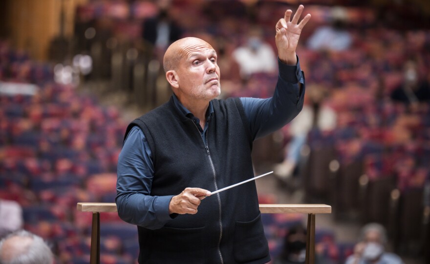 Jaap van Zweden leads the second acoustic rehearsal with New York Philharmonic at the newly renovated David Geffen Hall this past August.