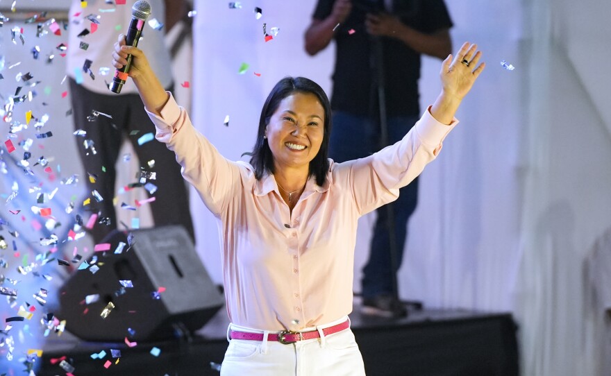 Presidential candidate Keiko Fujimori, of the Popular Force party, waves to supporters in San Juan de Lurigancho district in Lima, Peru, Saturday, May 9, 2026.