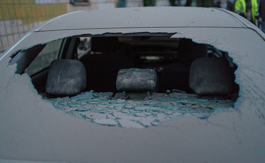 A car window is blown out after the night attack on Kyiv, Ukraine on June 2.