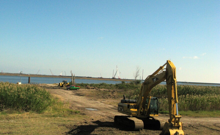 Construction is under way along the now-closed Mississippi River-Gulf Outlet east of New Orleans. Concrete pilings are being driven into the swampy marsh to create a permanent barrier to protect the area from future storm surges.