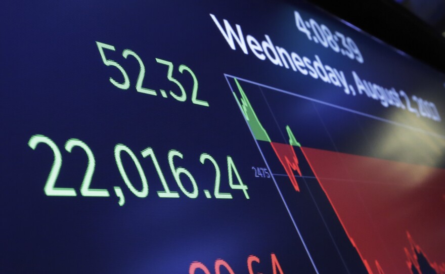 A screen above the floor of the New York Stock Exchange shows the closing number for the Dow Jones industrial average, Wednesday, Aug. 2, 2017. 