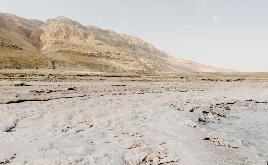 The exposed shoreline of the Dead Sea where the waters have receded in recent years.