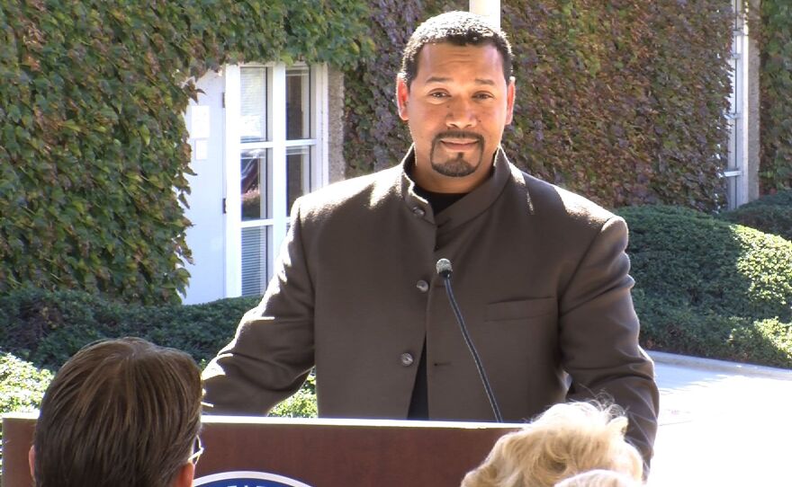 Navy Veteran Gregg Snowden speaking at the groundbreaking for California State University - San Marcos' new veterans' center, Nov. 8, 2013.