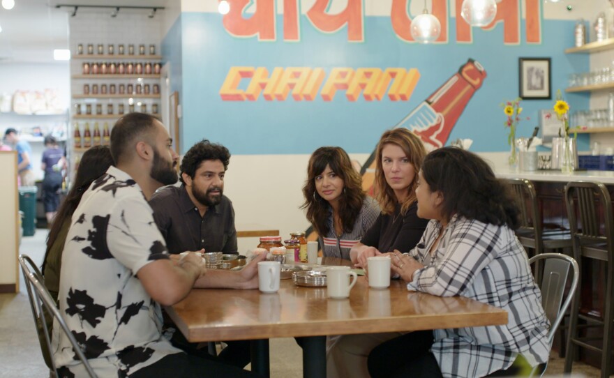 Chef Vivian Howard talks Indian pickles with (L to R) chef Farhan Momin, Eater editorial direcotr Sonia Chopra, and chefs Meherwan Irani, Cheetie Kumar and Samantha Fore at Chai Pani restaurant in Asheville, N.C.