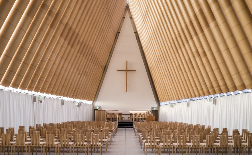 This undated image released by the Pritzker Prize shows a cardboard cathedral in New Zealand designed by Tokyo-born architect Shigeru Ban, 56, the recipient of the 2014 Pritzker Architecture Prize.