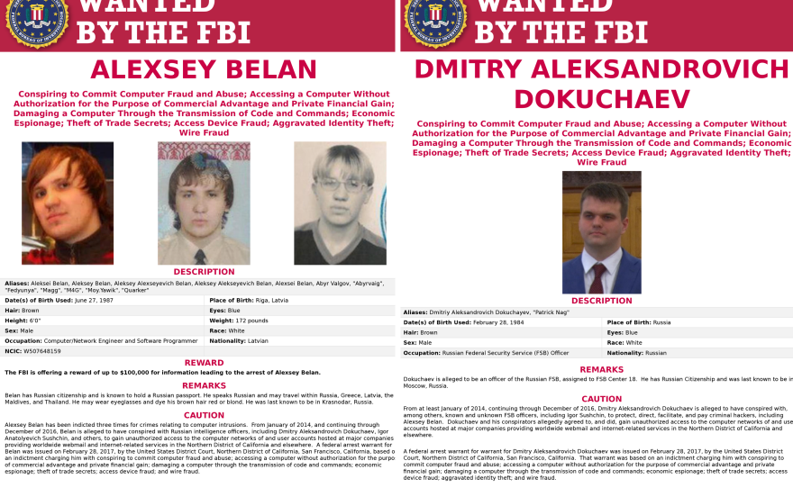 Both Alexsey Belan (L) and Dmitry Dokuchaev (R) were included in the series of "wanted" posters for Russians accused of cyber crimes Wednesday.