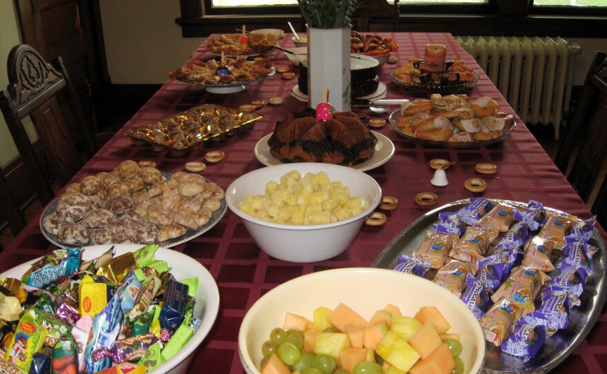 Some of the snack selections served at my graduation party. This emerged from my mom's luggage, dear reader. (Well, minus the fruit.)
