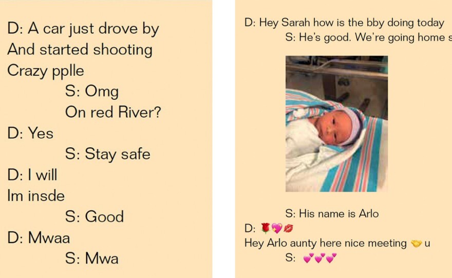 Examples of text exchanges between Debbie and Sarah.
