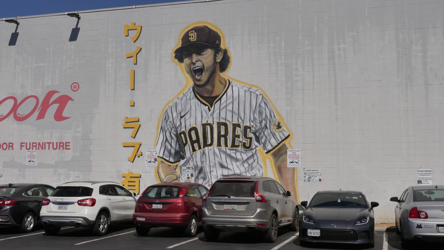 Padres pitcher Yu Darvish is featured in this Ground Floor Murals artwork located in the Convoy District. The five-time All-star pitched seven innings of one-run ball in Sunday's Game 2 of the NLDS at Dodger Stadium. (Oct. 8, 2024)