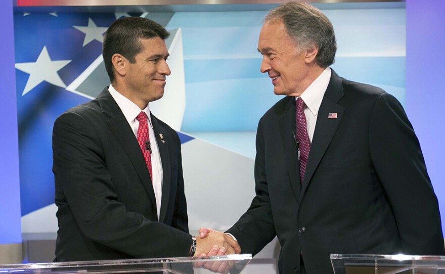 Republican Senate candidate Gabriel Gomez (left) shakes hands with Democrat Ed Markey before a June 5 debate in Brighton, Mass.
