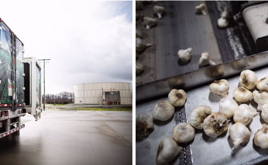 Shipment trucks (left) are parked at the processing plant (right).
